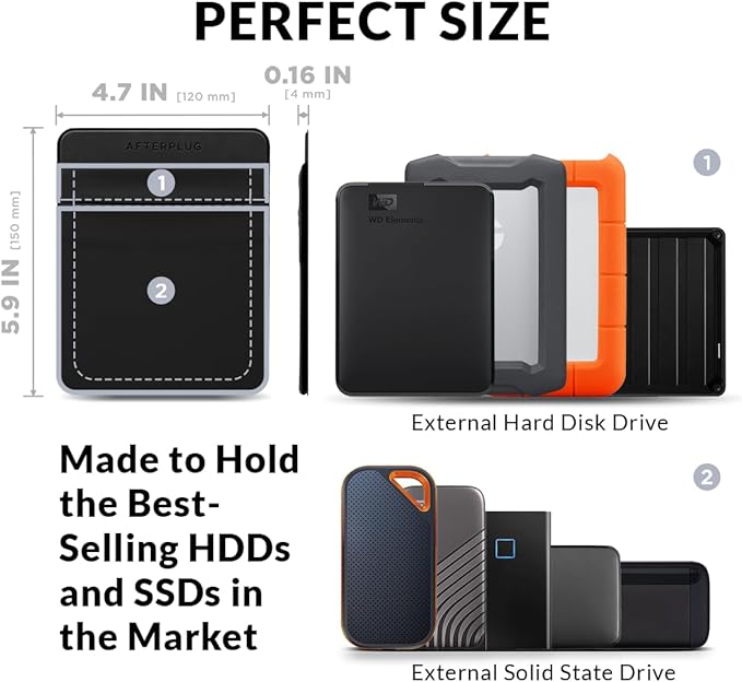 2-Pocket Adhesive Pouch for Laptop, Compatible with External 2.5" HDD, SSD, Magic Mouse, USB Cable and More - Black