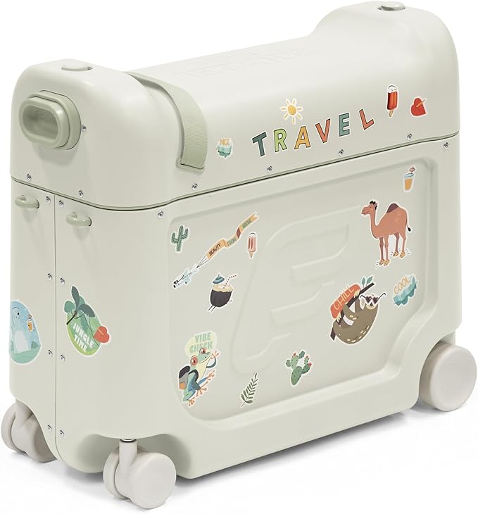 Stokke JetKids BedBox, Sea Green - Ride-On Suitcase for Kids 2-7 Years Old (up to 77 lbs) - Transforms Into Bed - Includes Mattress, Decorative Stickers & Adjustable Carrying Strap