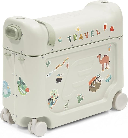 Stokke JetKids BedBox, Sea Green - Ride-On Suitcase for Kids 2-7 Years Old (up to 77 lbs) - Transforms Into Bed - Includes Mattress, Decorative Stickers & Adjustable Carrying Strap