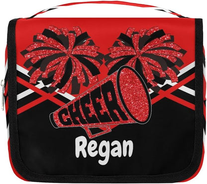 Personalized Name Hanging Toiletry Bag, Cheerleading Large Travel Cosmetic Bag Portable Makeup Organizer Bag for Women Men Bathroom Shower Essentials, Red Black Design