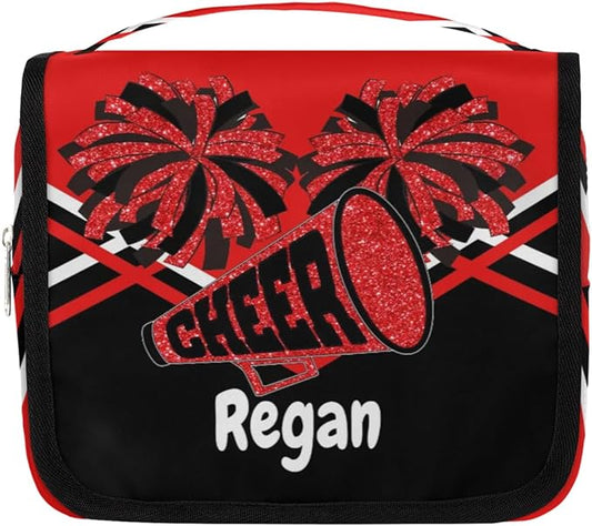 Personalized Name Hanging Toiletry Bag, Cheerleading Large Travel Cosmetic Bag Portable Makeup Organizer Bag for Women Men Bathroom Shower Essentials, Red Black Design