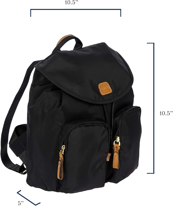 Bric's X-Travel Piccolo City Backpack 10", Water-Resistant Satin Nylon Daypack with Leather Details, Drawstring Closure, Adjustable Straps and Multi-Pocket Organization - Black