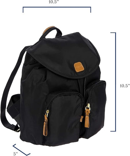 Bric's X-Travel Piccolo City Backpack 10", Water-Resistant Satin Nylon Daypack with Leather Details, Drawstring Closure, Adjustable Straps and Multi-Pocket Organization - Black