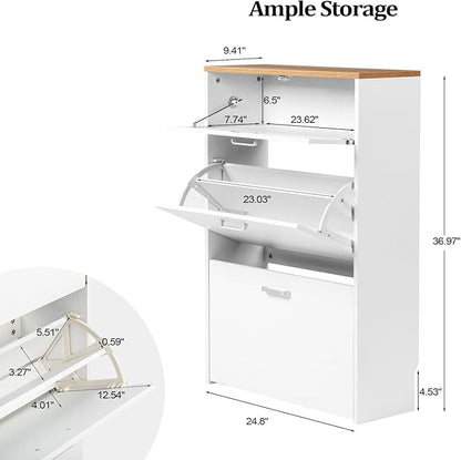VINGLI Shoe Cabinet Storage for Entryway Ultra Slim with 2 Flip &1Drop-Down Drawers, 24.8" W Narrow Shoe Cabinet for Front Door Entrance,Freestanding Modern White Wood Shoes Organizer for Hallway