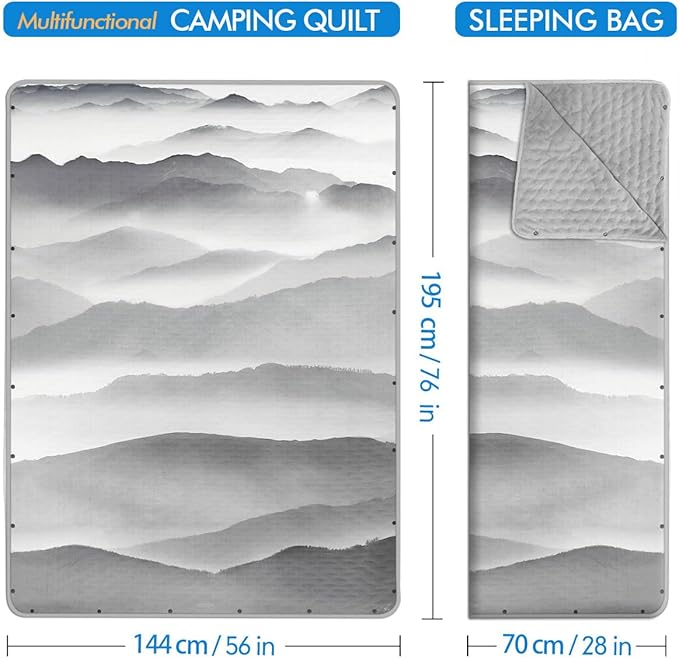 Outdoor Camping Quilt, Warm Thick Blanket with Polar Fleece Packable Down Wearable Camp Blankets with Snap Buttons Soft Puffy Quilt for Cold Weather (Mountains, 76'' x 56'')