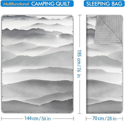 Outdoor Camping Quilt, Warm Thick Blanket with Polar Fleece Packable Down Wearable Camp Blankets with Snap Buttons Soft Puffy Quilt for Cold Weather (Mountains, 76'' x 56'')