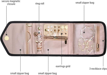 BAGSMART Travel Jewelry Organizer Case Foldable Jewelry Roll for Journey Rings, Necklaces, Earrings, Bracelets, Mini, Black