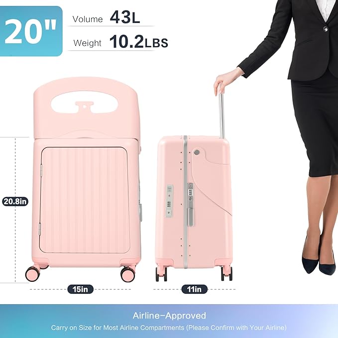 smilesun 20" Carry On Luggage with Seat For Kids & Adults，Hardside Ride On Suitcase Front Opening with 360°Spinner and TSA Lock For Travel (Pink with Front Open, 20")