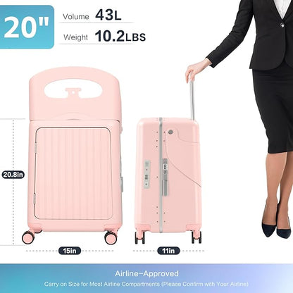 smilesun 20" Carry On Luggage with Seat For Kids & Adults，Hardside Ride On Suitcase Front Opening with 360°Spinner and TSA Lock For Travel (Pink with Front Open, 20")