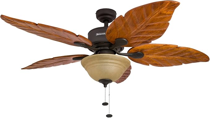Honeywell Ceiling Fans Sabal Palm, 52 Inch Tropical LED Ceiling Fan with Light, Pull Chain, Dual Mounting Options, Hand Carved Solid Wood Blades - 50204-01 (Bronze)