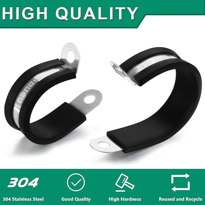 30PCS Stainless Steel Cable Clamps 9 Sizes—1/8" 3/16" 1/4" 5/16" 3/8" 1/2" 5/8" 3/4" 1" Rubber Coated Cushioned Insulated Cable Clamp,Automotive Cable Wire Clamps,Pipe Clamps(Black)