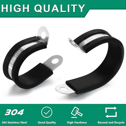 10pcs 2 Inch Stainless Steel Cable Clamps,Rubber Coated Cushioned Insulated Cable Clamp,Automotive Cable Wire Clamps,Pipe Clamps,Metal Clamp for Tube,Lines,Wire Cord Installation(Black,51mm)