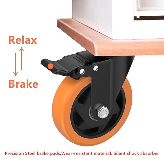 5 Inch Caster Wheels,Orange Casters Set of 4, Heavy Duty Casters with Brake 2200 Lbs, Locking Industrial Swivel Top Plate Casters Wheels for Furniture and Workbench Cart(Two Hardware Kits Include)