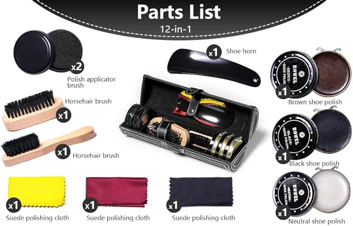 YUET 12PC Shoe Shine Kit Leather Boot Polish Kit w/Brushes and Brown, Black, Neutral Polish for Shoe Care and Cleaning
