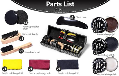 YUET 12PC Shoe Shine Kit Leather Boot Polish Kit w/Brushes and Brown, Black, Neutral Polish for Shoe Care and Cleaning