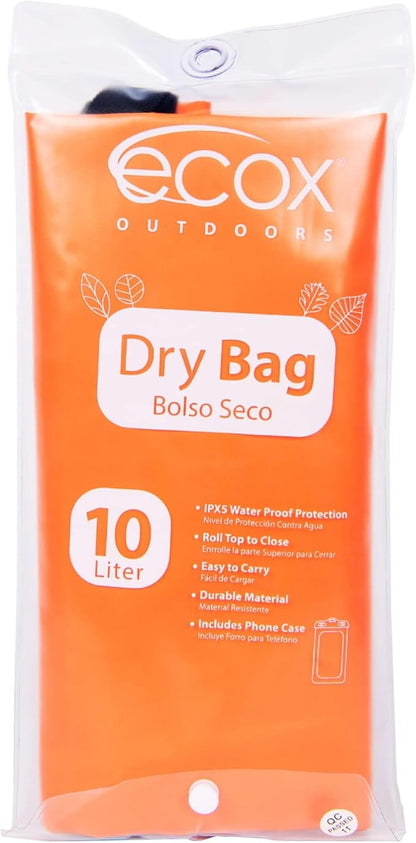 ecox Outdoors Waterproof Dry Bag for Outdoors Activities High Grade 500D PVC Construction Includes Waterproof Phone Case and Side Strap for Easy Carry 10L and 20L Models