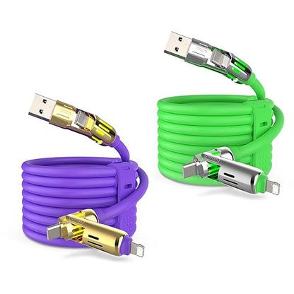 MFish 240W 4-in-1 Universal USB Charging Cable [2 Pack, 6.6ft] – Fast Charger Cord with USB-A, Dual USB-C & Lighting, for iPhone 14/15/16/17 Series, iPad & MacBook & More (2PACK, Purple+Green, 6.6Ft)