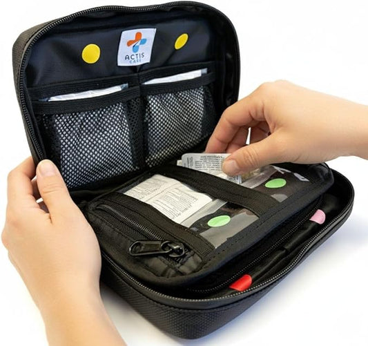MediKit: Essential Medication Kit (Pain, Cold, Allergy, Stomach & Other: 70 items). Compact 6"x8", Water Resistant Bag, Color-Coded Organization. Travel (Business/Holiday), Students & Campers. HSA/FSA