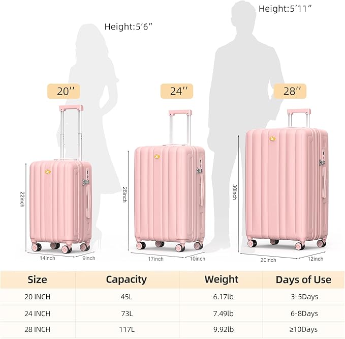MGB Hardside Checked Luggage with Wheels, Lightweight Durable Medium Luggage with TSA Lock, PC Hard Shell Suitcase for Travel with 360°Double Spinner Wheels