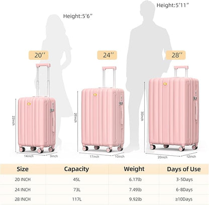 MGB Hardside Checked Luggage with Wheels, Lightweight Durable Medium Luggage with TSA Lock, PC Hard Shell Suitcase for Travel with 360°Double Spinner Wheels