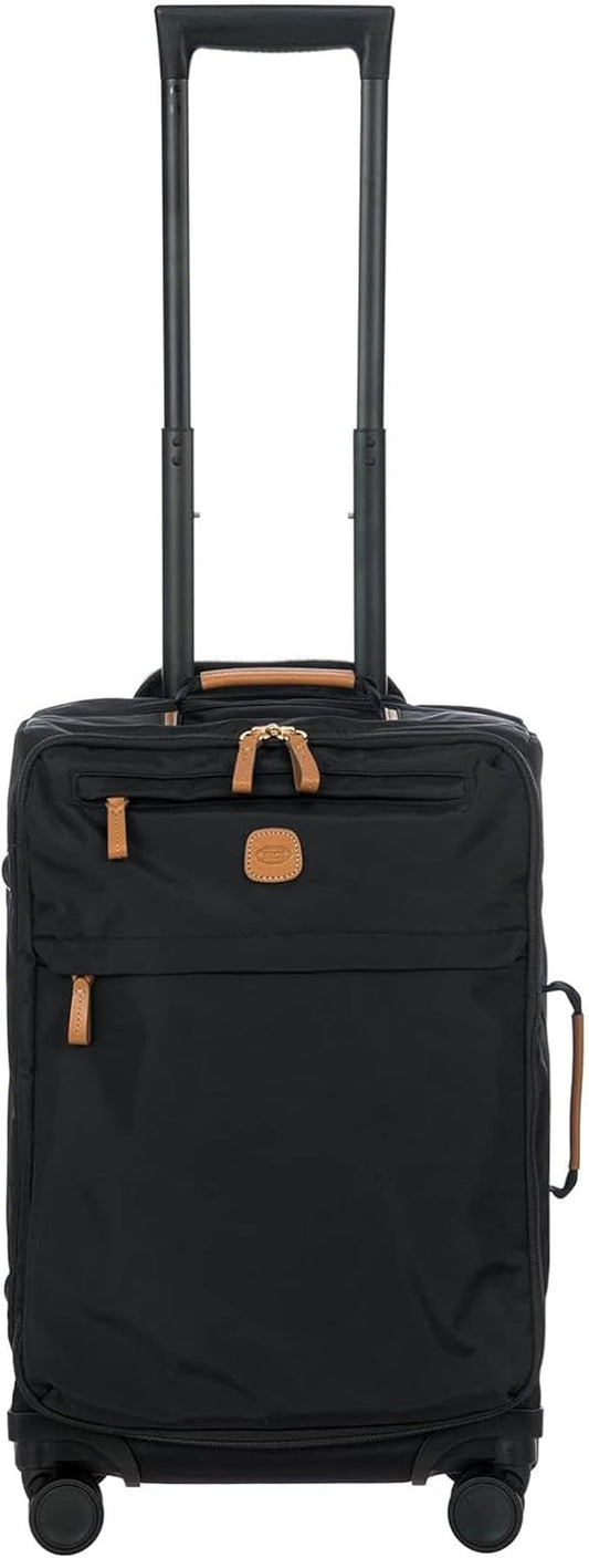 Bric's X-Travel 21” Carry-On Spinner – Luxury Softside Luggage with 360° Wheels, Recycled Water-Resistant Fabric, Interior Pockets, and Leather Details – Black