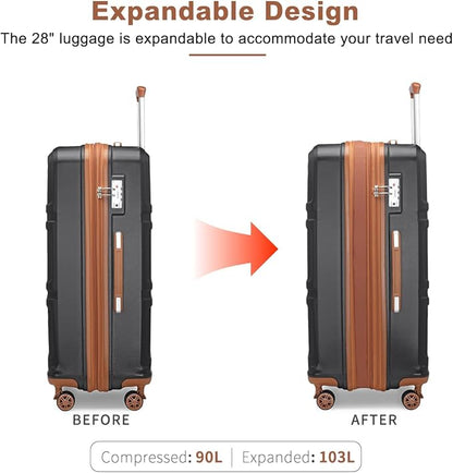 Kono 28 Inch Luggage Expandable Suitcase with Spinner Wheels TSA Lock Lightweight PC+ABS Hardside Large Checked Luggage Durable Rolling Suitcase Apricot Black
