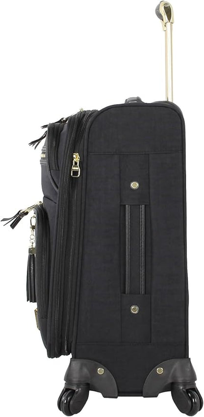 Steve Madden Designer-Gepckkollektion Leichter Softside-Koffer fr Damen und Herren strapazierfhige 50,8 cm groe Tragetasche mit 4 rollenden Spinner-Rdern, Peek-a-boo Black, 20in, Carry on Bag With
