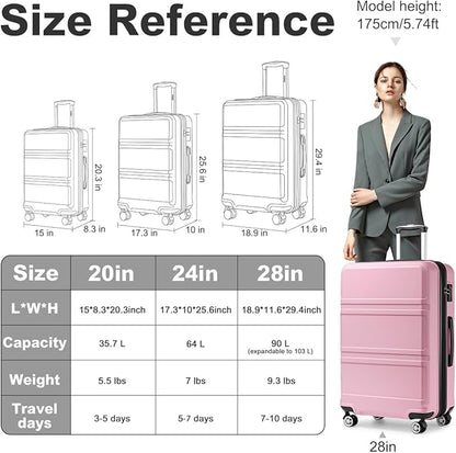 Kono 28 Inch Luggage Expandable Suitcase with Spinner Wheels TSA Lock Lightweight PC+ABS Hardside Large Checked Luggage Durable Rolling Suitcase Pink