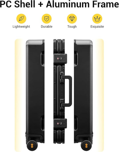 LEVEL8 Zipperless Carry On Suitcase Airline Approved with Aluminum Frame, Hard Shell Luggage with Spinner Wheels, Metal Travel Luggage with Packing Organizers, 20 Inch, Black