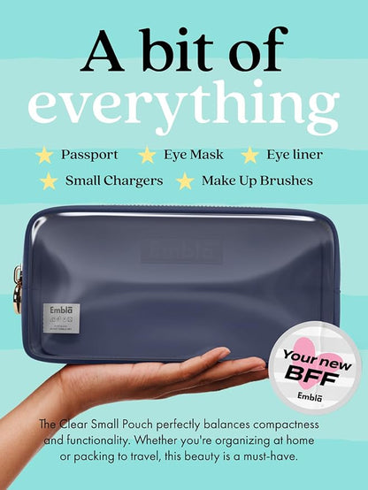 Embla London Makeup Bag Cosmetic Case, Clear Zipper Make Up Pouch and Toiletry Travel Tote, Cute Skincare Pouches for Women Girls, Preppy Purse Cosmetic Organizer, Small Makeup Bags, Sapphire