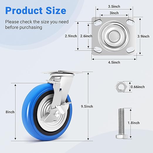 W B D WEIBIDA 8 Inch Heavy Duty Casters Set of 4, Smooth Rolling Caster Design for Cart Wheels, 6000 LBS Industrial Grade Castors with Upgraded Thickened Bracket, Durable Castors (4 Brake)