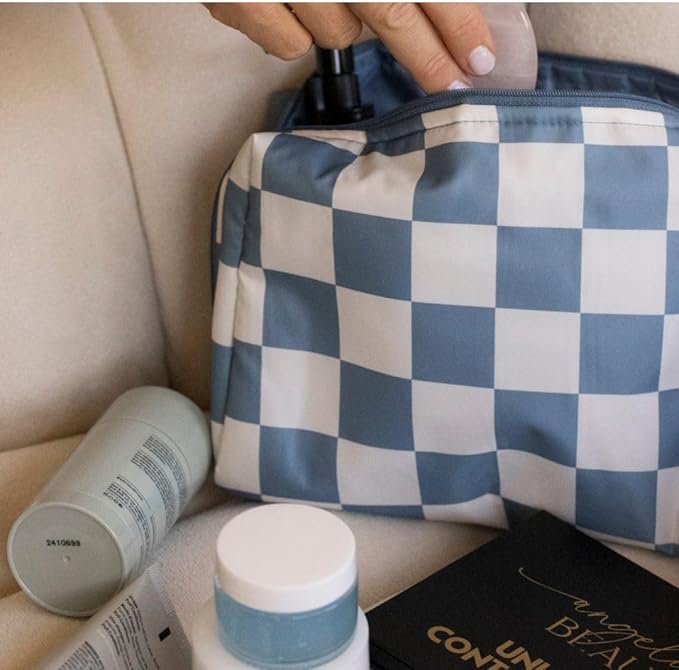 Tiny Twinkle Waterproof Travel Toiletry & Makeup Bag Organizer | Makeup Pouch with Multiple Compartments & Snap Handle for Travel | Gift for Teen Girls and Women（Blue Checkers