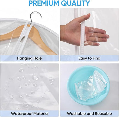 60” All Clear Garment Bags for Travel - PEVA Waterproof Suit Cover with Zipper for Hanging Clothes, long Gowns - Durable Dresser for Closet Storage, Dustproof & Moisture Resistant - 60”/6 Pack