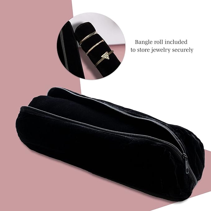 Novel Box Black Velvet Bangle/Bracelet/Watch Roll 12.25x3x3 Inches with Matching Zipper Pouch - Portable Organizer Pouch with Removable Roll Insert for Travel, Retail & Personal Use