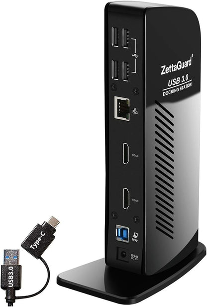 USB 3.0 and USB-C Universal Laptop Docking Station for Windows and Mac (Dual 4K Video HDMI, Gigabit Ethernet, 6 USB 3.0 Ports, 3.5 mm Audio)