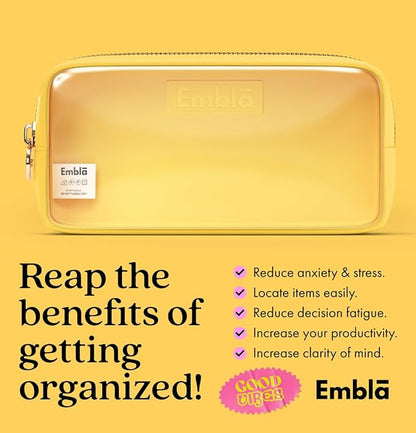 Embla London Makeup Bag Cosmetic Case, Clear Zipper Make Up Pouch and Toiletry Travel Tote, Cute Skincare Pouches for Women Girls, Preppy Purse Cosmetic Organizer, Small Makeup Bags, Lemon