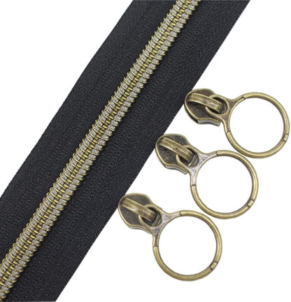 YaHoGa #5 Antique Brass Metallic Nylon Coil Zippers by The Yard Bulk Black Tape 10 Yards with 20pcs Sliders for DIY Sewing Tailor Craft Bag (Anti-Brass Black)