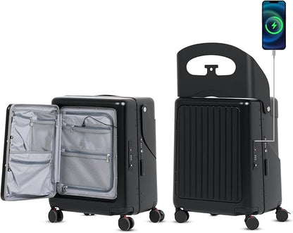 smilesun 22" Carry On Luggage with Seat For Kids & Adults，Hardside Ride On Suitcase Front Opening with 360°Spinner and TSA Lock For Travel (Black with Front Open, 22")