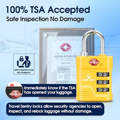SURE LOCK TSA Locks for Luggage, TSA Approved Luggage Locks with Open Alert, 008 Key for High Security, Easy Read Dials, Zinc Alloy Body, Locker Lock for Suitcase, Gym, Travel. (Yellow 1 pk)