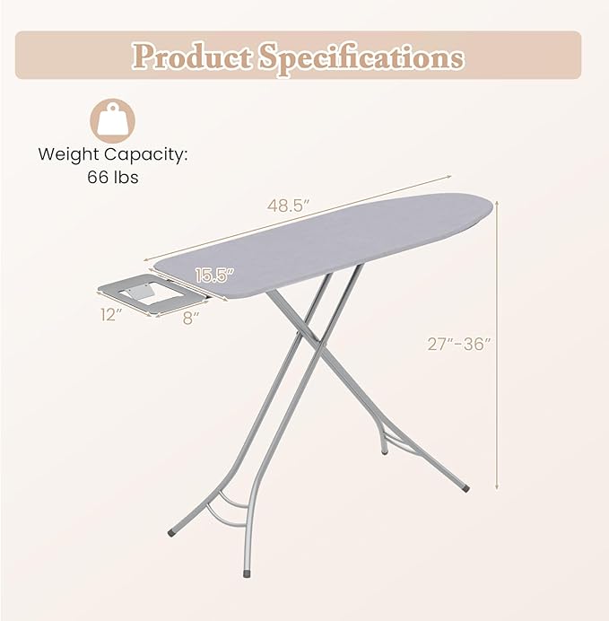 COSTWAY Ironing Board Full Size, Foldable Iron Table w/Rest, Height Adjustable, Removable Cover, Heavy-Duty Metal, Compact and Space Saver Iron Board for Living Room, Laundry (Light Gray)