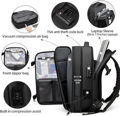 Fiordpack Vacuum Backpack Travel (Built-in Pump, 60L), TSA Lock, Expandable Vacuum Seal Compression Travel Backpack for 17" Laptop, Airline Approved