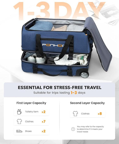21 Inch Rolling Duffle Bag with Wheels for Men - Water Resistant Wheeled Duffle Bag for Weekend Travel & Overnight Trips, Blue