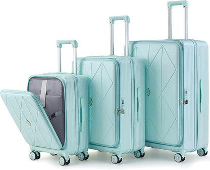 Merax 100% PC Hard Shell Luggage Set, 3 Piece Lightweight TSA Lock Spinner Suitcase with Front Pocket, Airline Approved, Mint Green, 20/24/28 Inch