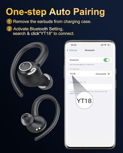 Wireless Earbuds, Bluetooth 5.4 Headphones Sport, Over Ear Buds With ENC Noise Cancelling Mic, 48H, Wireless Earphone With Earhooks, Stereo Deep Bass, IP7 Waterproof ear bud for Workout Running, Black