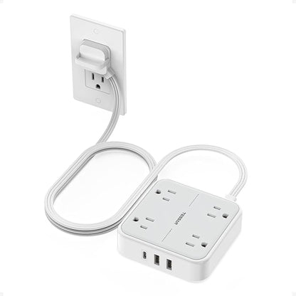 Flat Plug Extension Cord 5 Ft, TESSAN Surge Protector Power Strip Ring Pull with 3 USB (1 USB C) 4 Outlets, 900 Joules Protection, Desktop Charging Station for Home, Office, College, Dorm Room, Gray