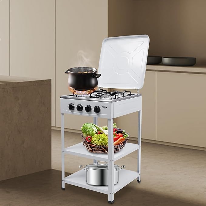Natural Gas Stove, 4 Burner, Auto Ignition Portable Gas Stove with Support Leg Stand and Wind Blocking Cover Adapter for Rv Apartment Outdoor Cooking (White)