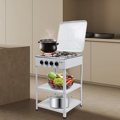 Natural Gas Stove, 4 Burner, Auto Ignition Portable Gas Stove with Support Leg Stand and Wind Blocking Cover Adapter for Rv Apartment Outdoor Cooking (White)