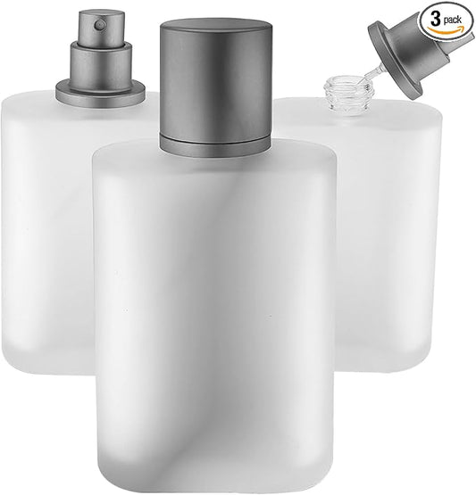 3 PCS 100ml Empty Frosted Glass Spray Bottle Perfume Atomizer Refillable Spray Refillable Fine Mist Spray, Liquid Perfume Refillable Glass Bottle with Lid, 3.38oz (Pack of 3)