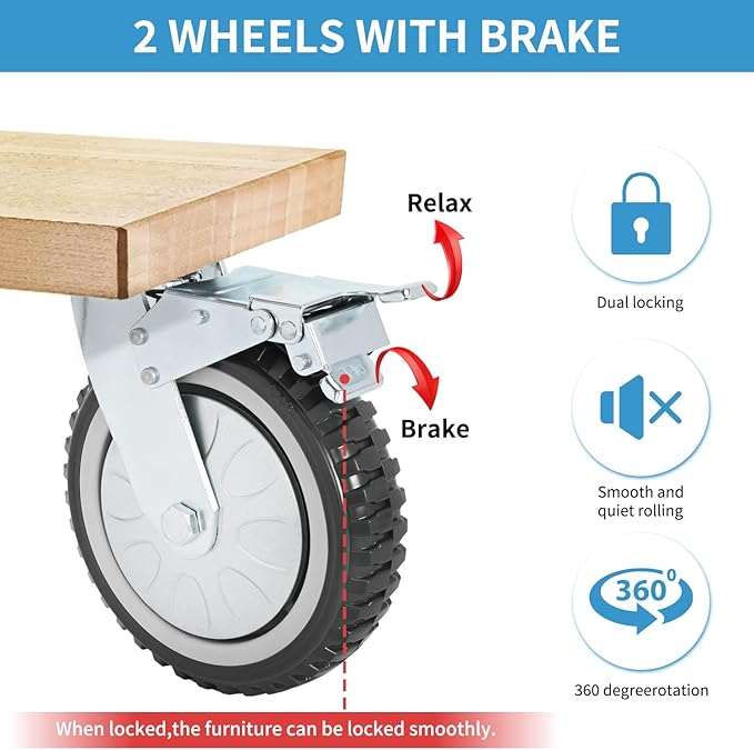 uyoyous 6 Inch Caster Wheels Set of 4, 1653 Lbs Heavy Duty Casters, No Noise Swivel Plate Casters Wheels for Cart, Dolly, Workbench, Toolbox, Chicken Coop (2 with Brakes & 2 without)