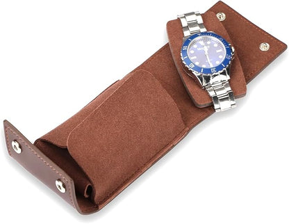 Travel Watch Case - Leather Watch Pouch with Velvet Lining, Single Case, Unisex | Business Travel and Office Christmas Gift (Brown